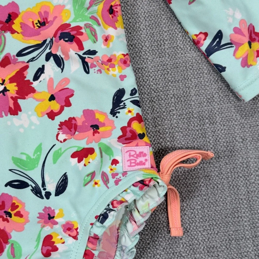 RuffleButts Baby Girls Floral Long Sleeve Rash Guard‎ Swimsuit Mint 12-18M